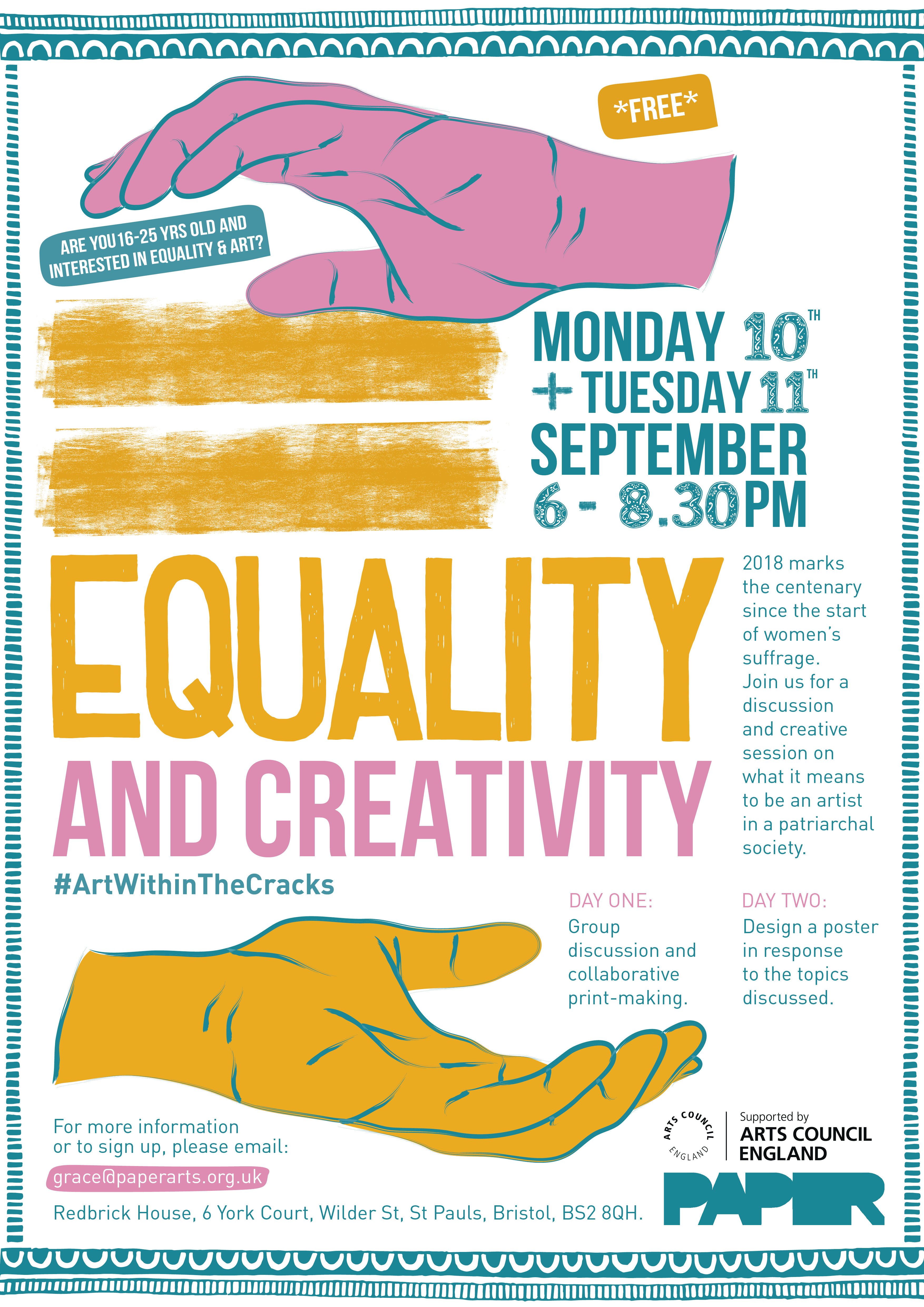 Flyer for equality art workshop at paper arts